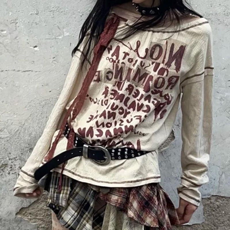 Retro Waste Soil Idle Style Distressed Long-sleeved T-shirt Top