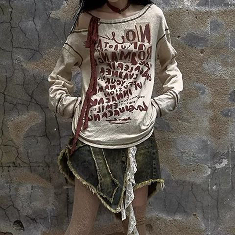 Retro Waste Soil Idle Style Distressed Long-sleeved T-shirt Top
