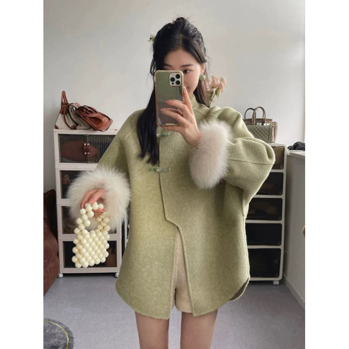 Zhongshan Buckle Stand Collar Woolen Coat Temperament