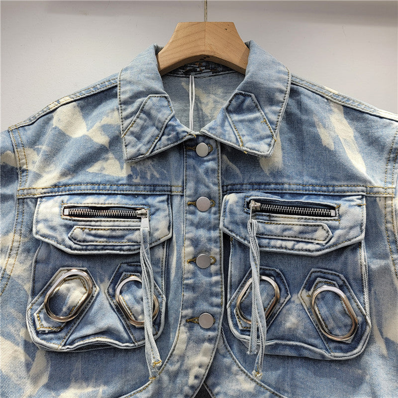 Retro Washed Distressed Workwear Short Sleeveless Denim Vest Coat For Women