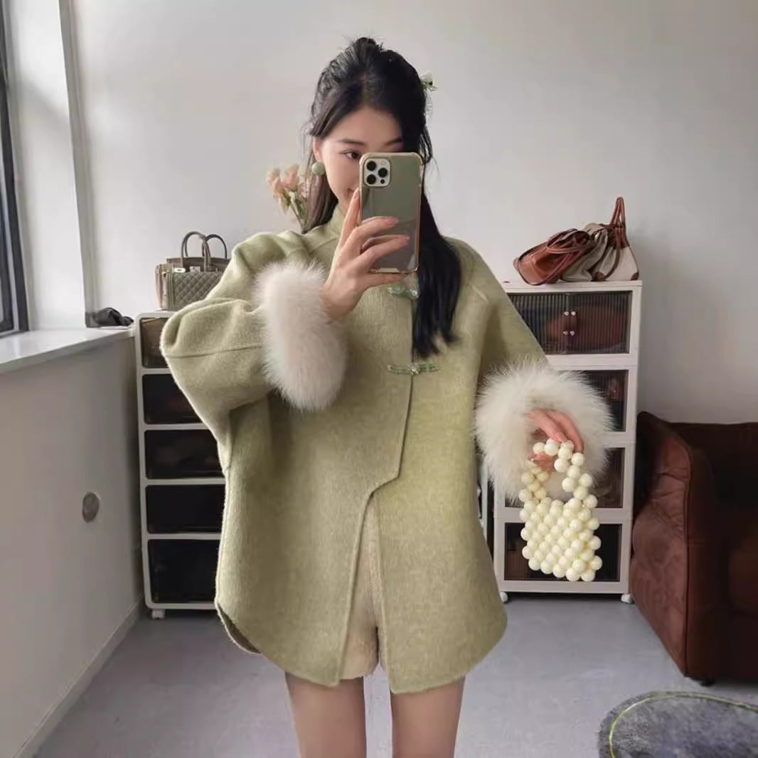 Zhongshan Buckle Stand Collar Woolen Coat Temperament