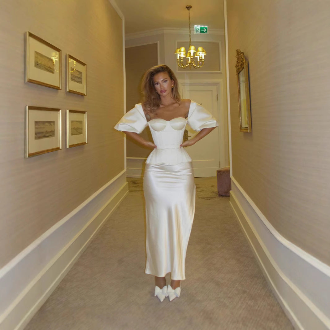 Sexy Solid Color Satin Tube Top Coat Skirt Suit
