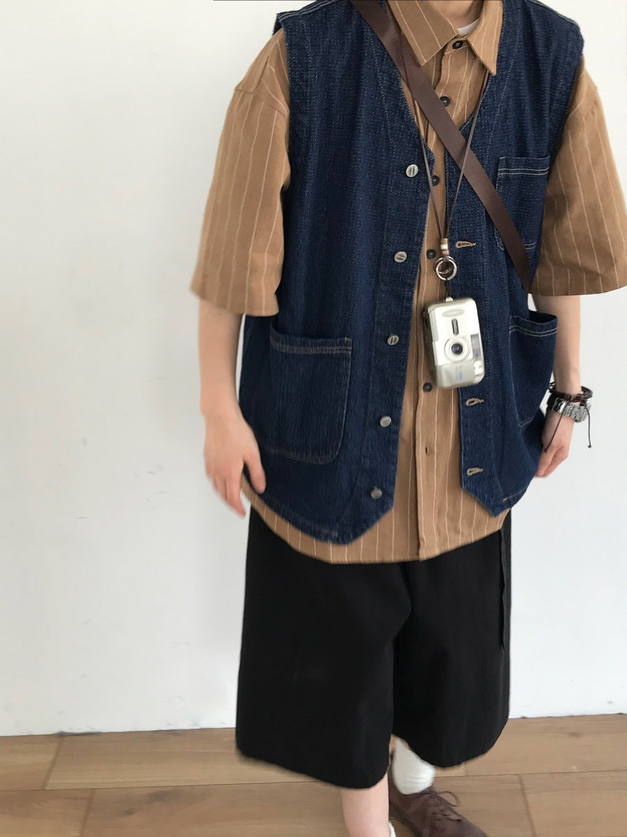 Several Pieces Japanese-style Retro Multi-pocket Workwear Denim Vest