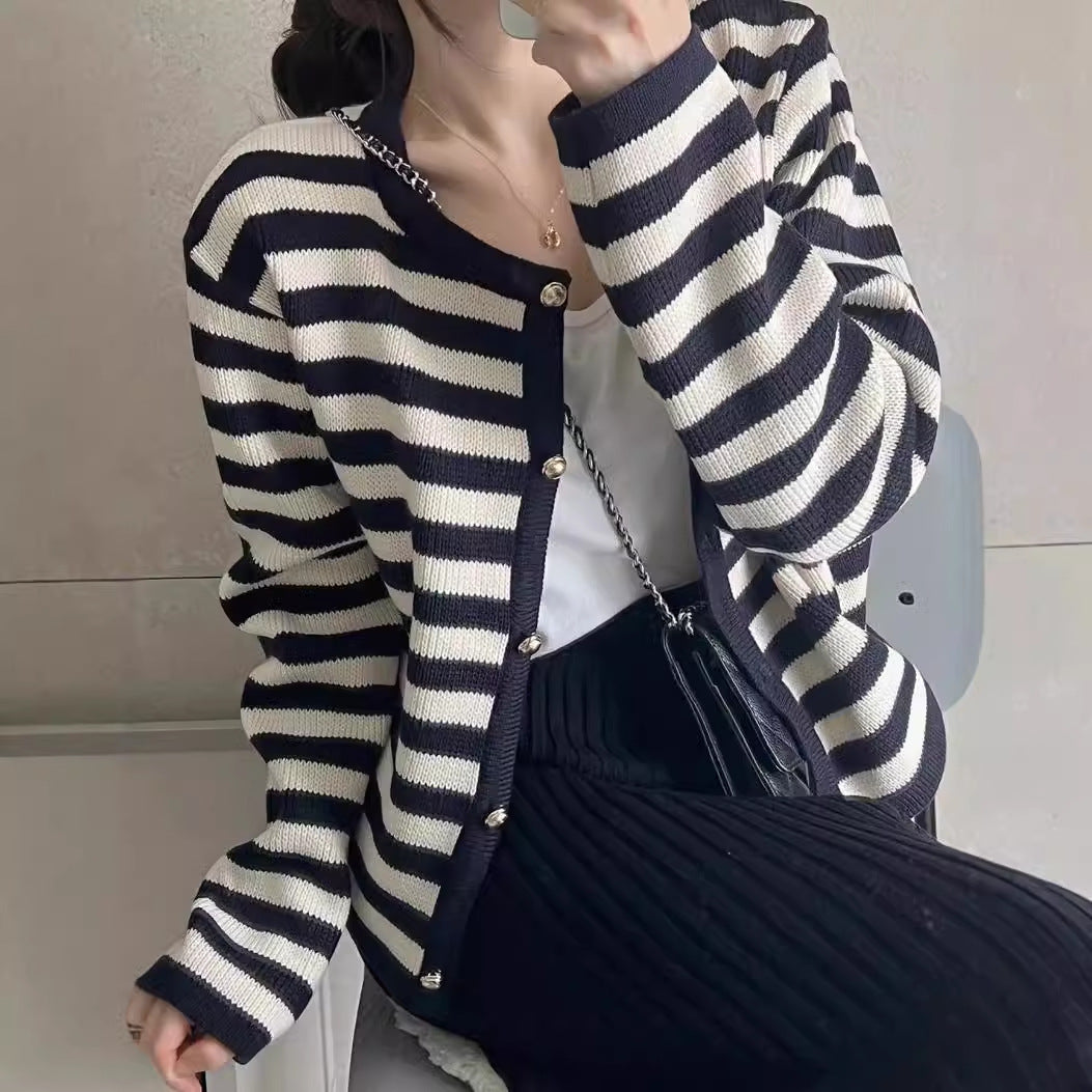 Autumn Striped Single-breasted Long Sleeve Knitted Cardigan