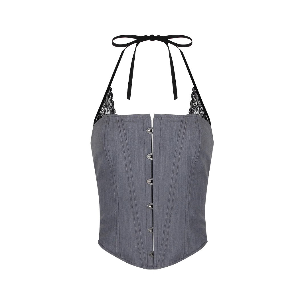 Sexy Lace Stitching Short Navel-exposed Halter Top