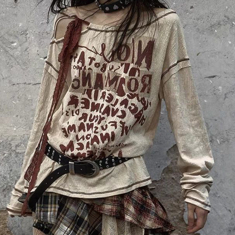 Retro Waste Soil Idle Style Distressed Long-sleeved T-shirt Top