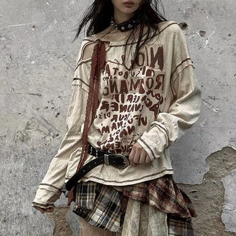 Retro Waste Soil Idle Style Distressed Long-sleeved T-shirt Top