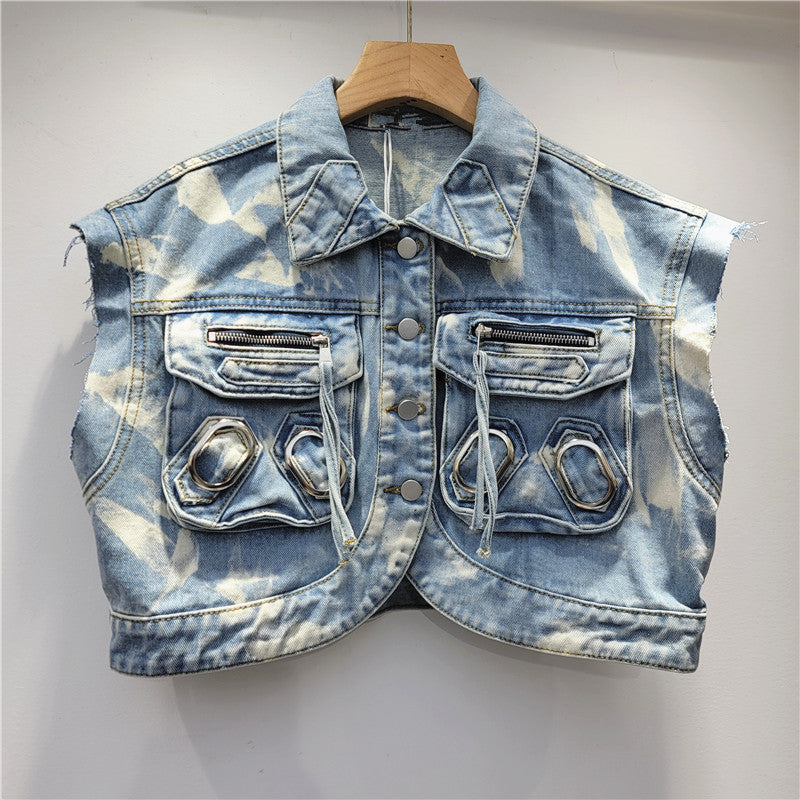 Retro Washed Distressed Workwear Short Sleeveless Denim Vest Coat For Women