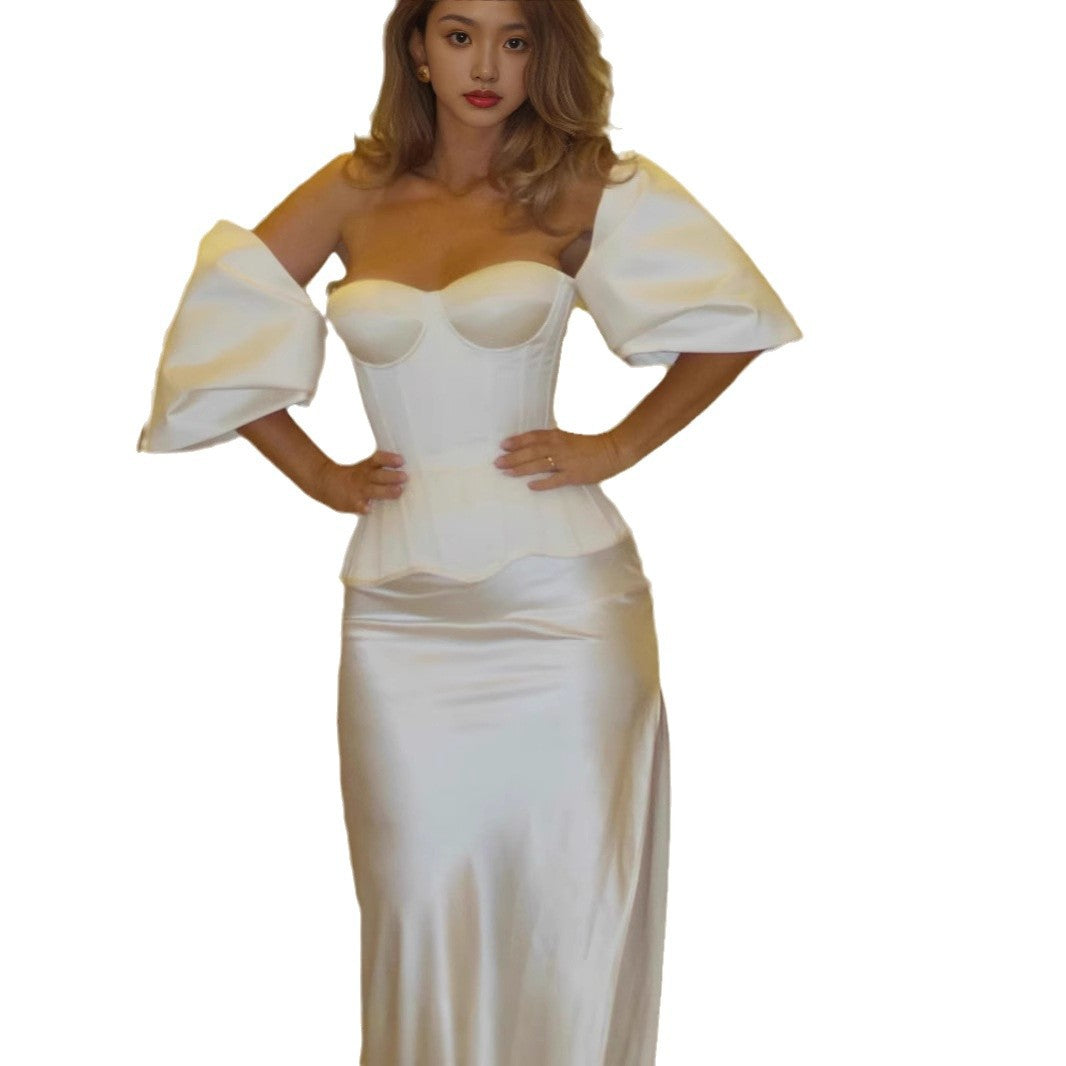 Sexy Solid Color Satin Tube Top Coat Skirt Suit