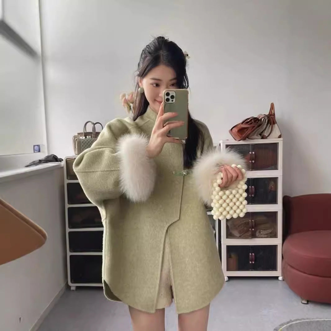 Zhongshan Buckle Stand Collar Woolen Coat Temperament