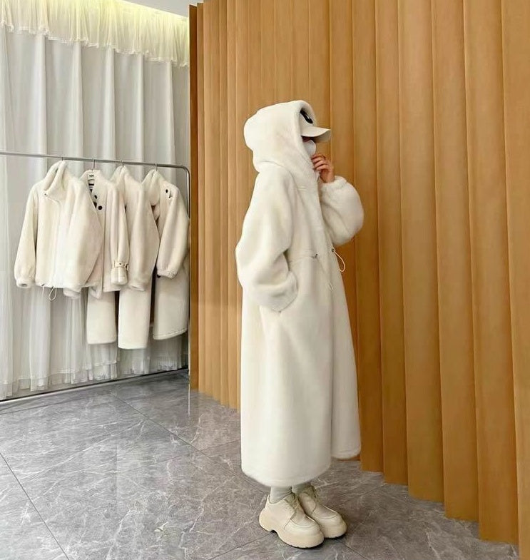 Leather Coat Overcoat Women's Long Thick Hooded Loose Young Mink-like Wool