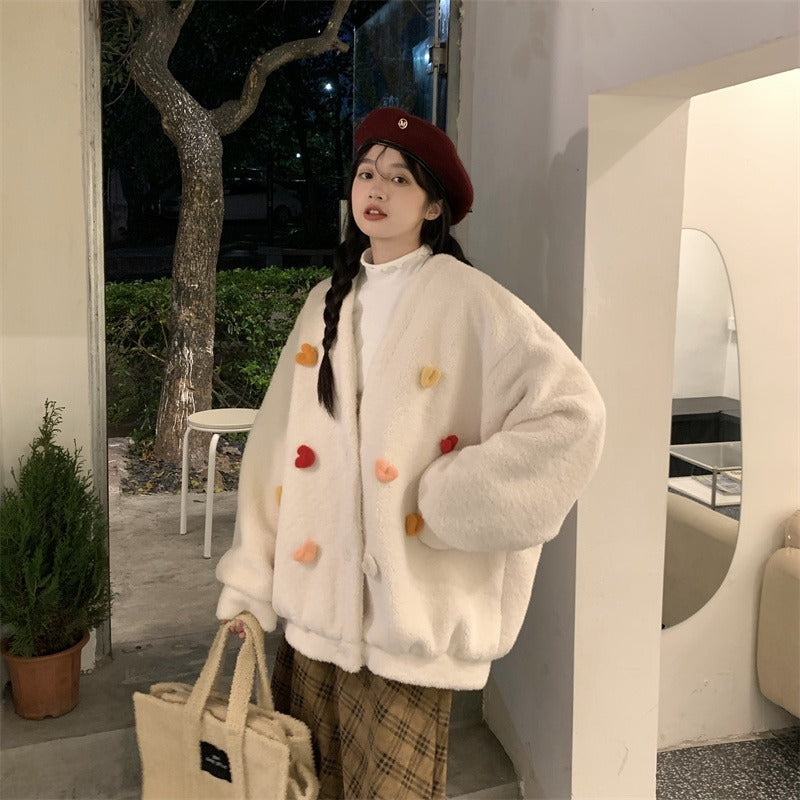 Temperament All-match Plush Thickened V-neck Top Lamb Wool Coat Women
