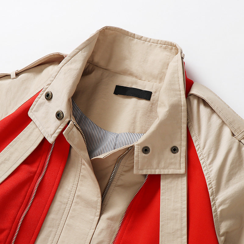 Fashionable Color Contrast Design Mid-length Fake Two-piece Trench Coat