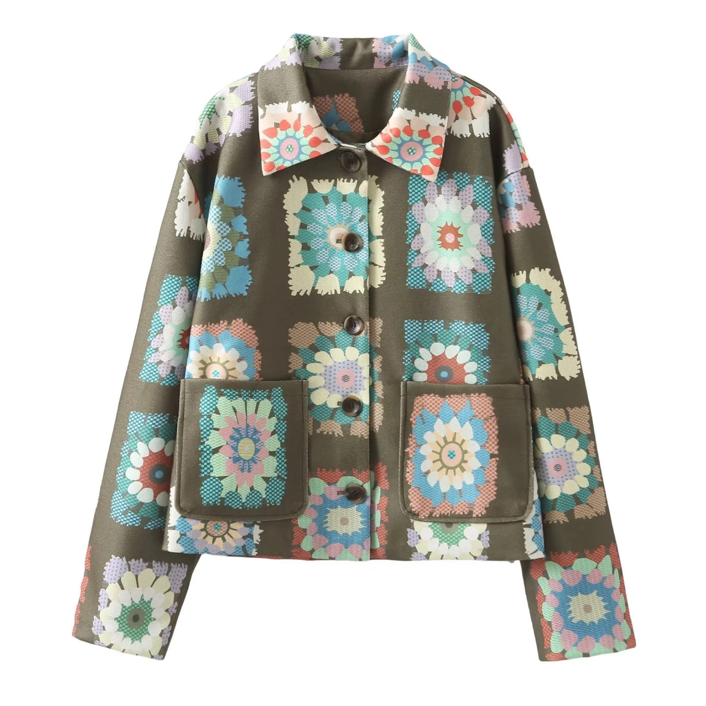Fashion Casual Retro Printed Design Short Lapel Pocket Jacket