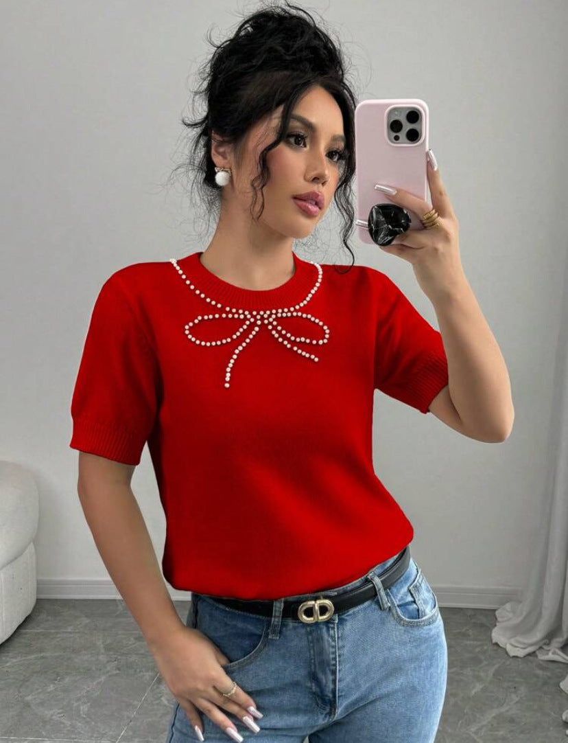 Short Sleeve Bow Rhinestone Slim Top