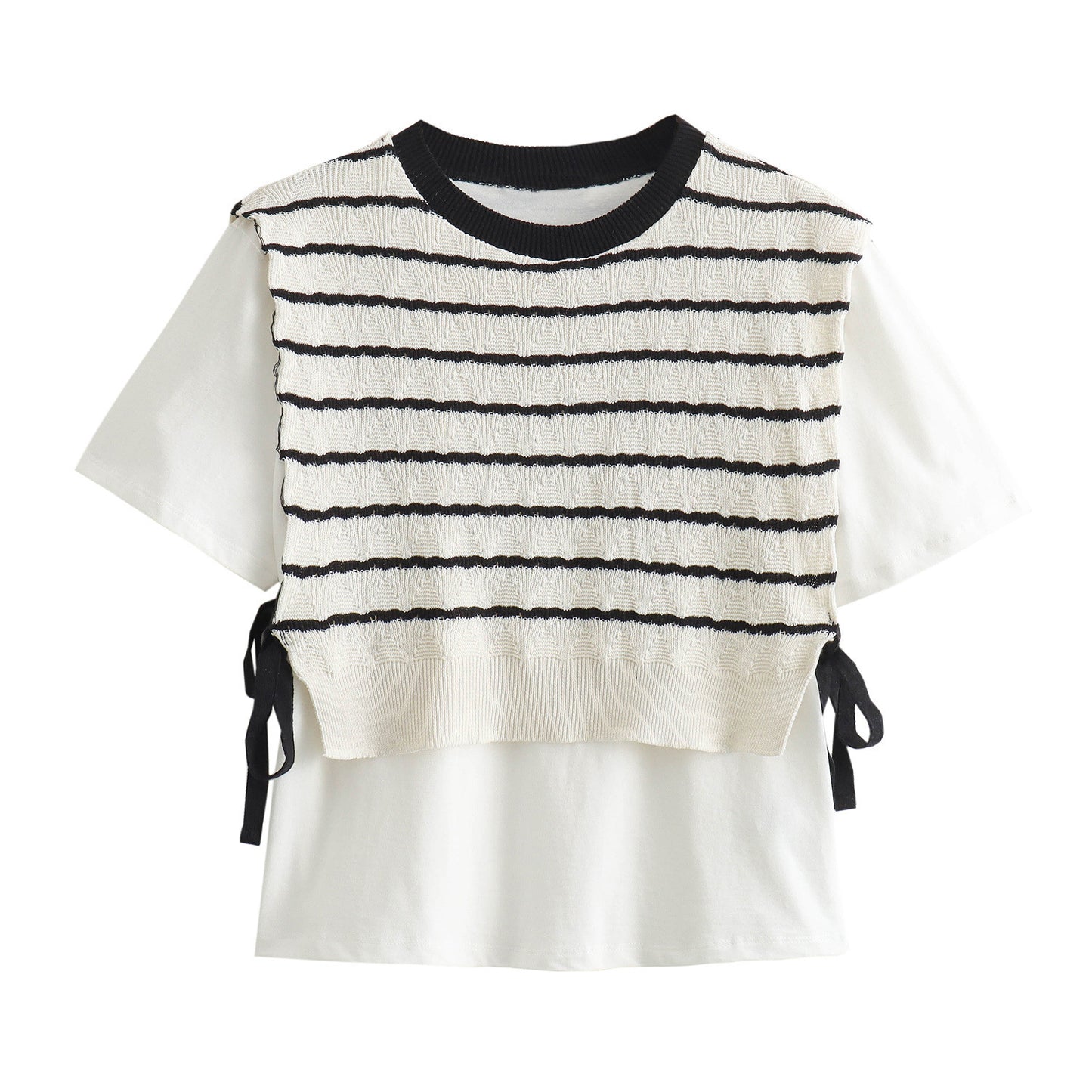 Round Neck Knitted Stitching Fake Two-piece Stripes Short Sleeve T-shirt Top