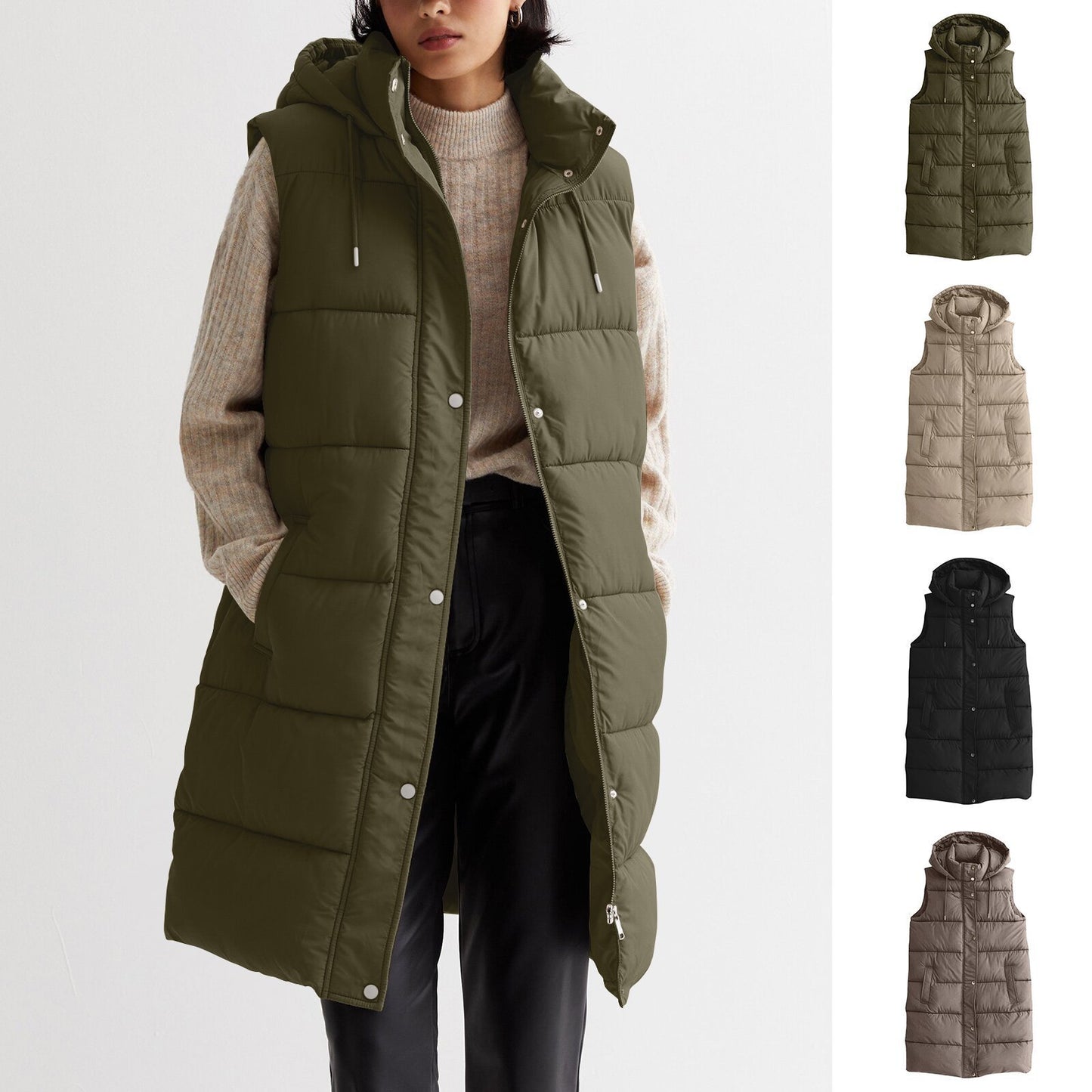 Solid Color Mid-length Vest Hooded Top Women's Single-breasted Coat