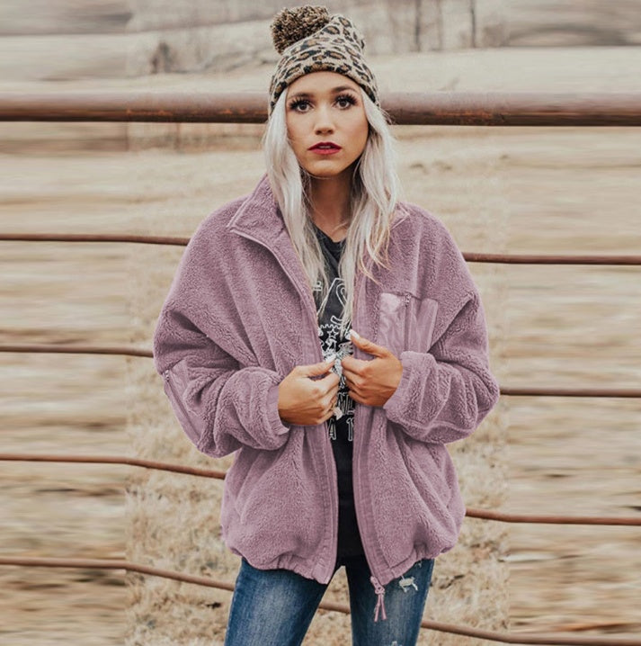 Fashion Women's Zipper Loose Thick Woolen Coat
