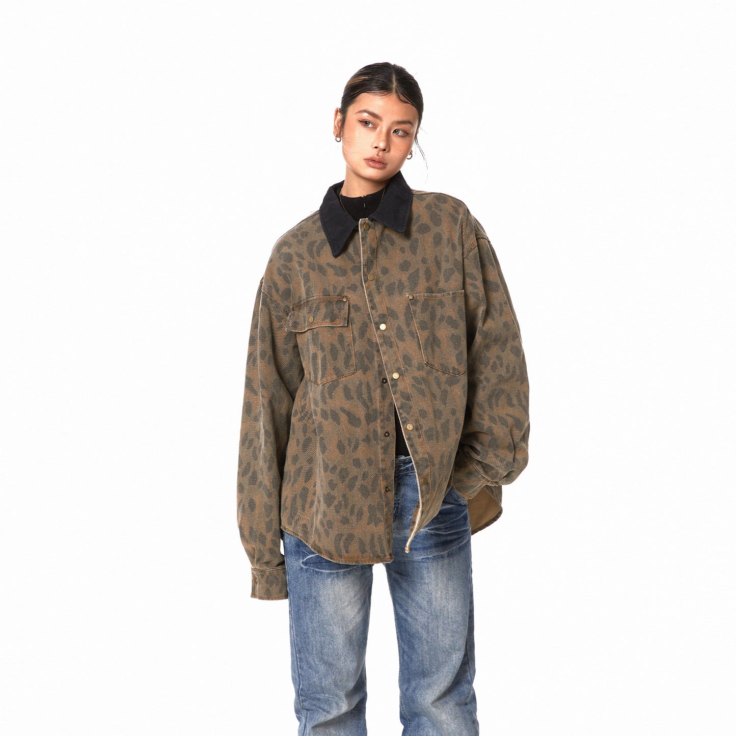 Retro Washed Leopard-print Shirt Women's Loose Distressed Coat