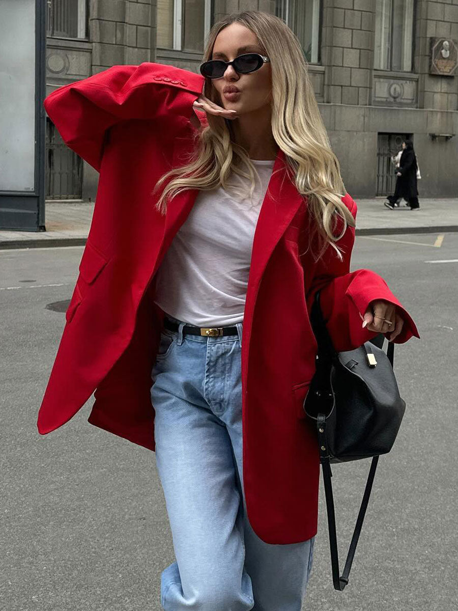 Feminine Style Shoulder Pad Loose Collar Pocket Jacket