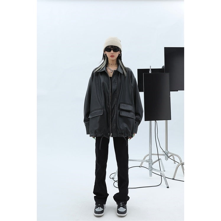 Women's Loose Retro Leather Jacket With Details