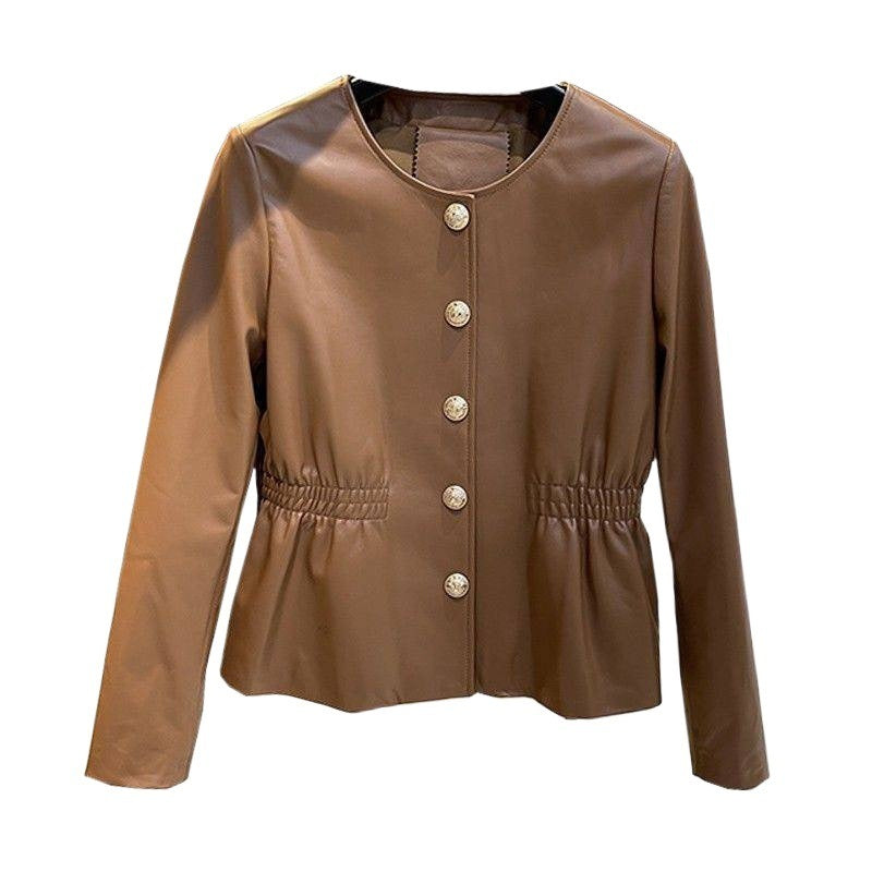Round Neck Washed Leather Single-breasted Waist Slim Fit Coat