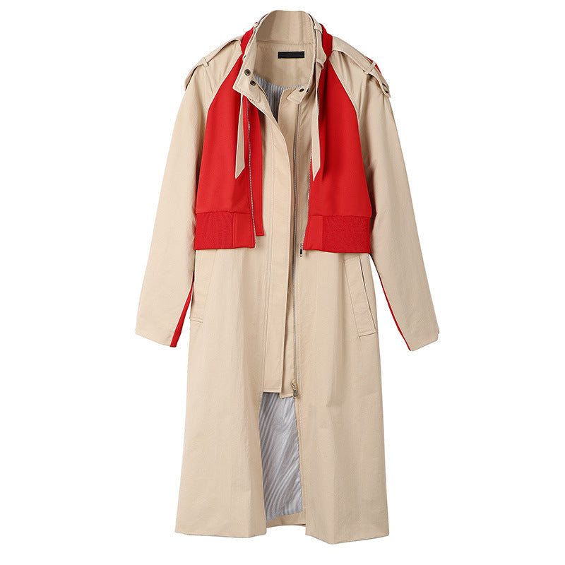 Fashionable Color Contrast Design Mid-length Fake Two-piece Trench Coat