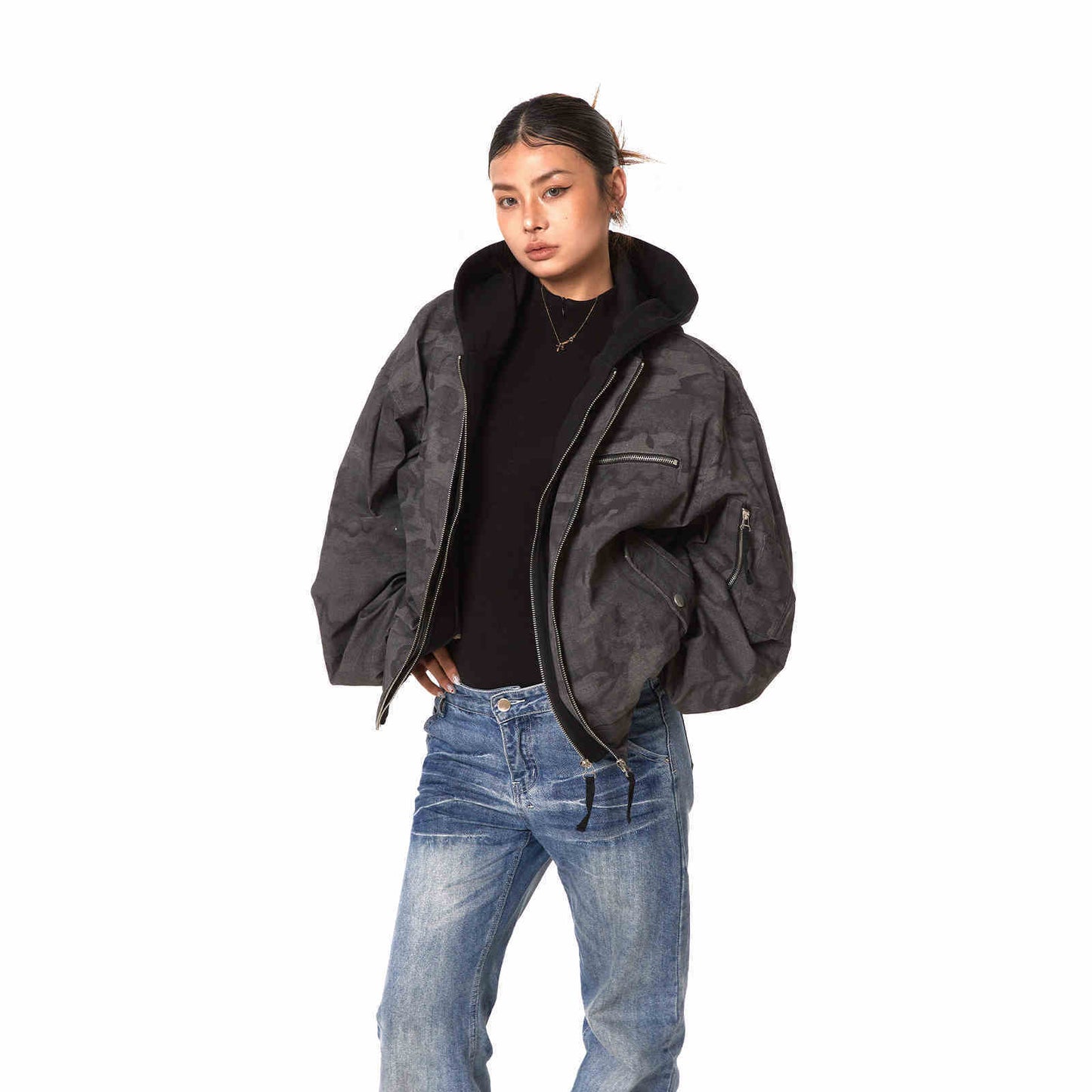 Retro Workwear Camouflage Coat Women Fake Two Pieces Loose Jacket
