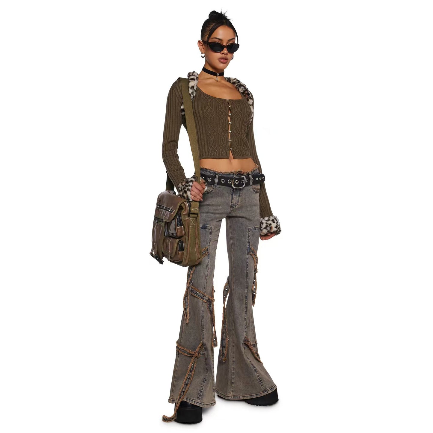Slim-fit Fleece Patchwork Knitting Top Two-piece Set