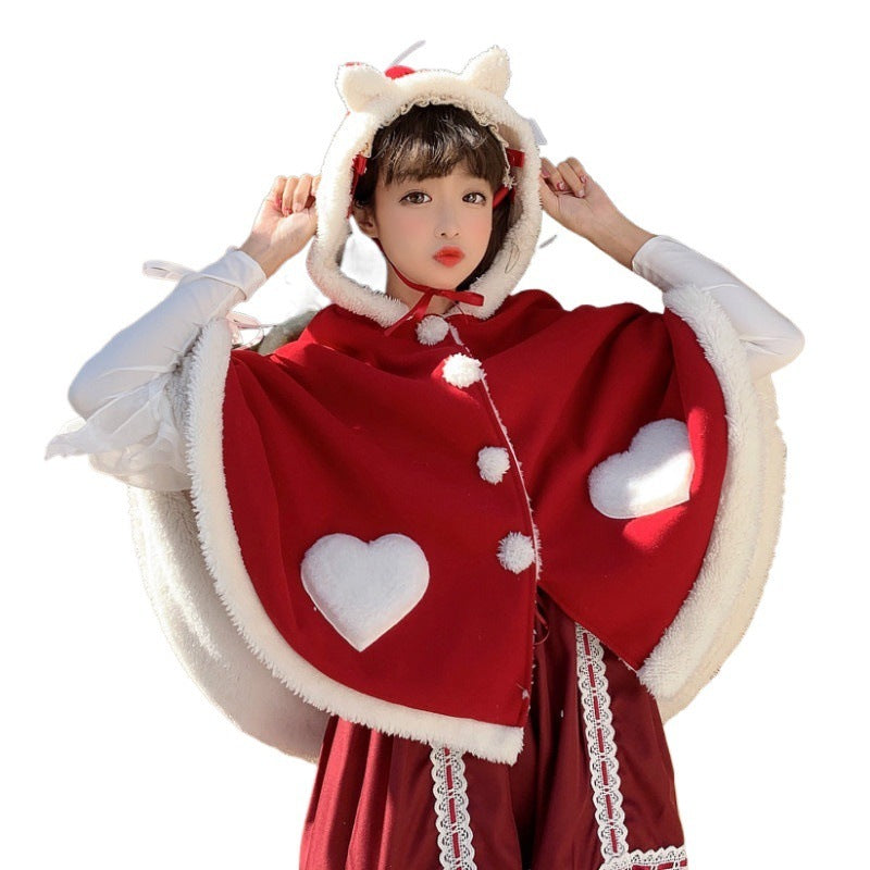 Plus Size New Winter Christmas Japanese Style Hooded Small Shawl Woolen Coat