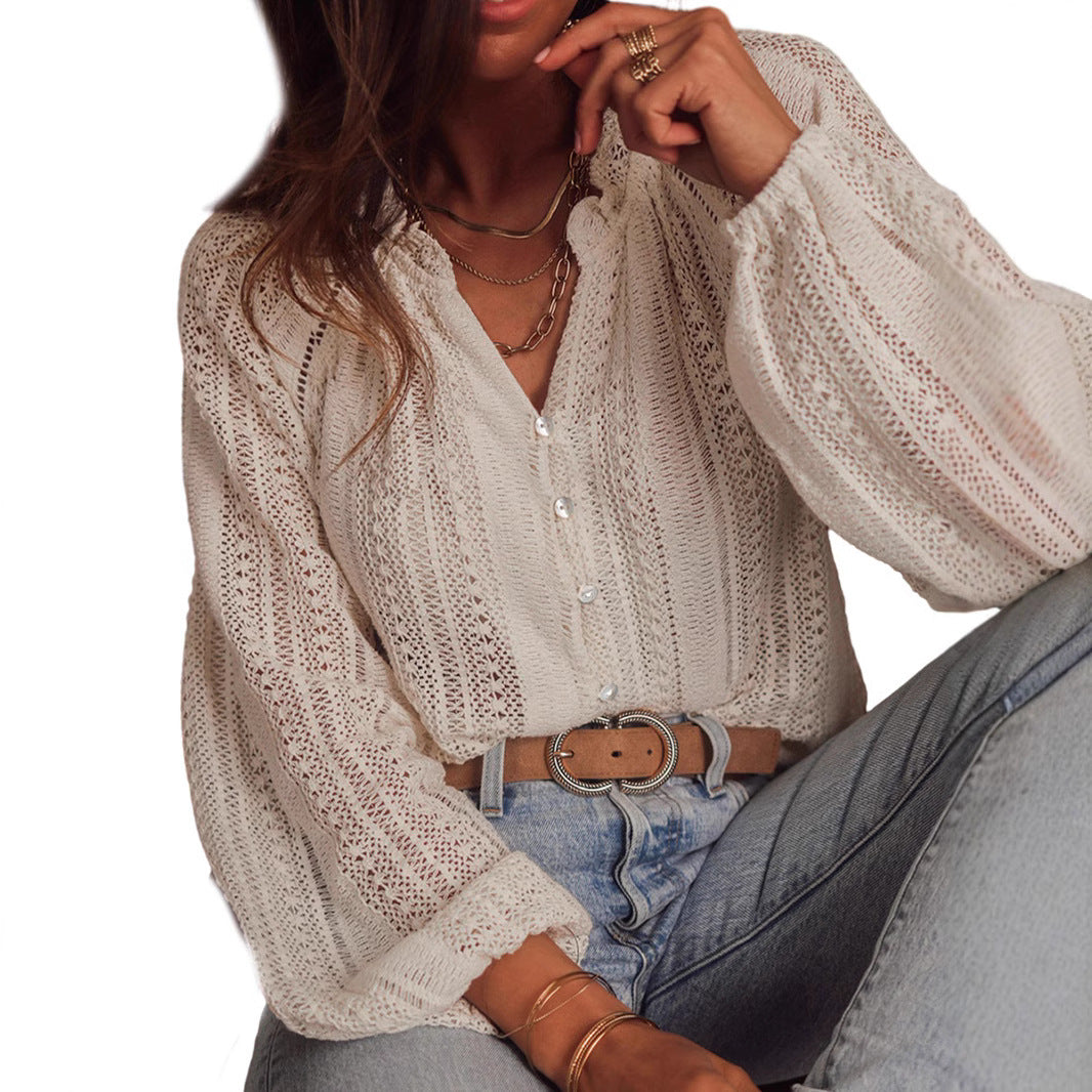 Solid Color Hollow Loose Long Sleeve Top