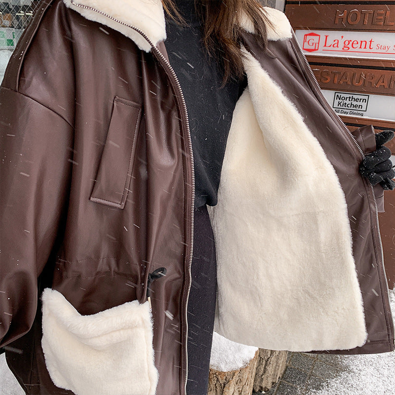 Women's Waist Thickening Lining Stitching Pu Leather Coat Jacket