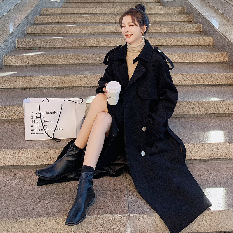 Women's Black Woolen Cloth Mid-length Goddess Fan Woolen Coat