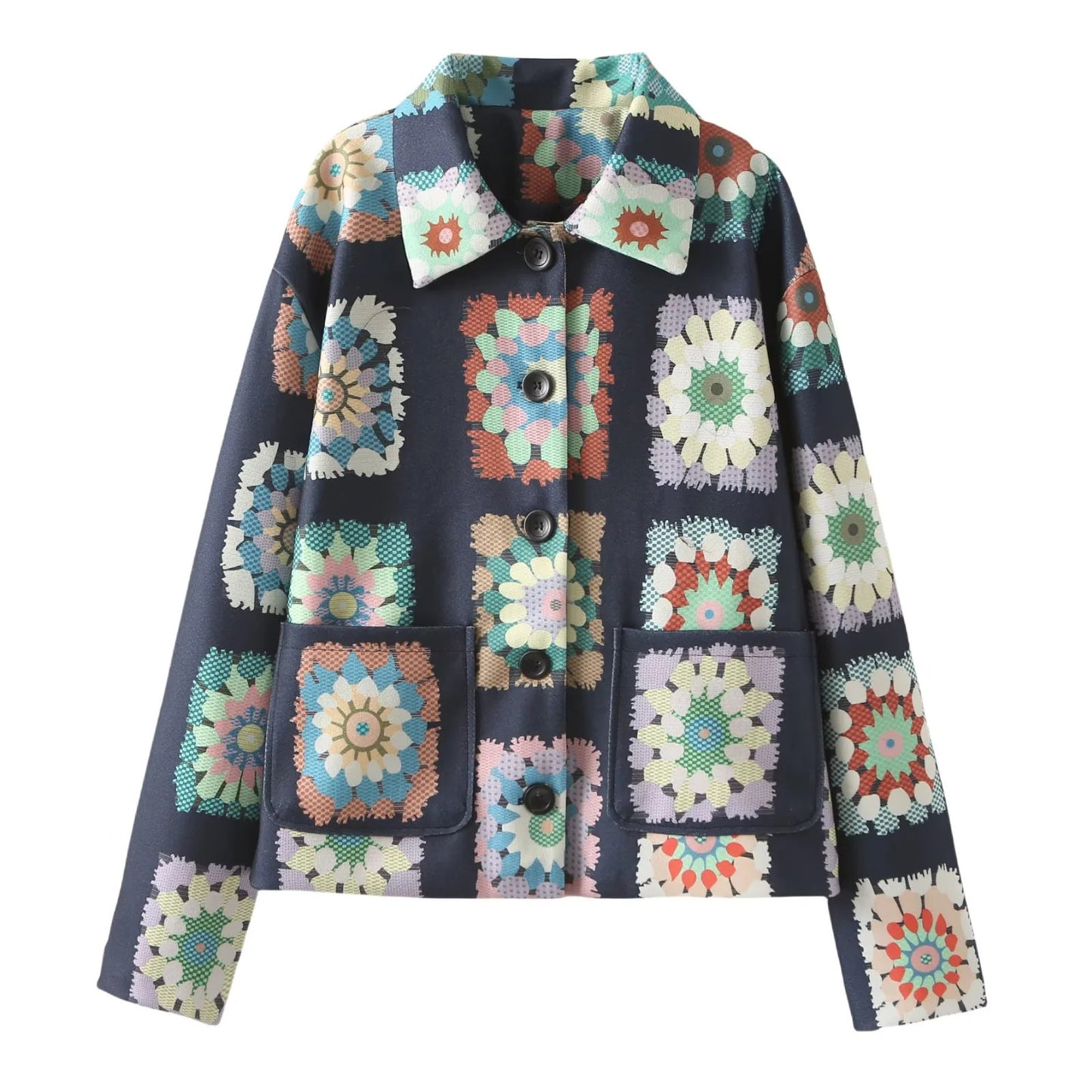 Fashion Casual Retro Printed Design Short Lapel Pocket Jacket