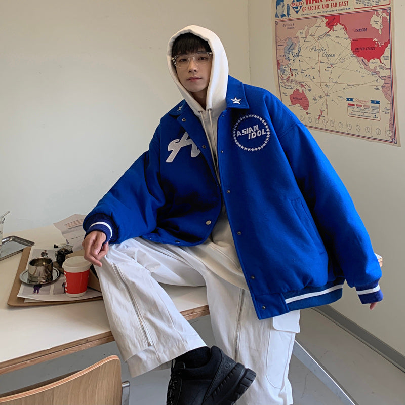 Klein Blue Baseball Uniform American Retro Design Small Lapel Embroidered Jacket