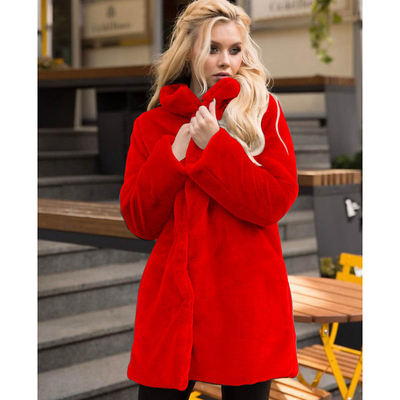 Stand-up Collar Winter Faux Fur Coat Mid-length