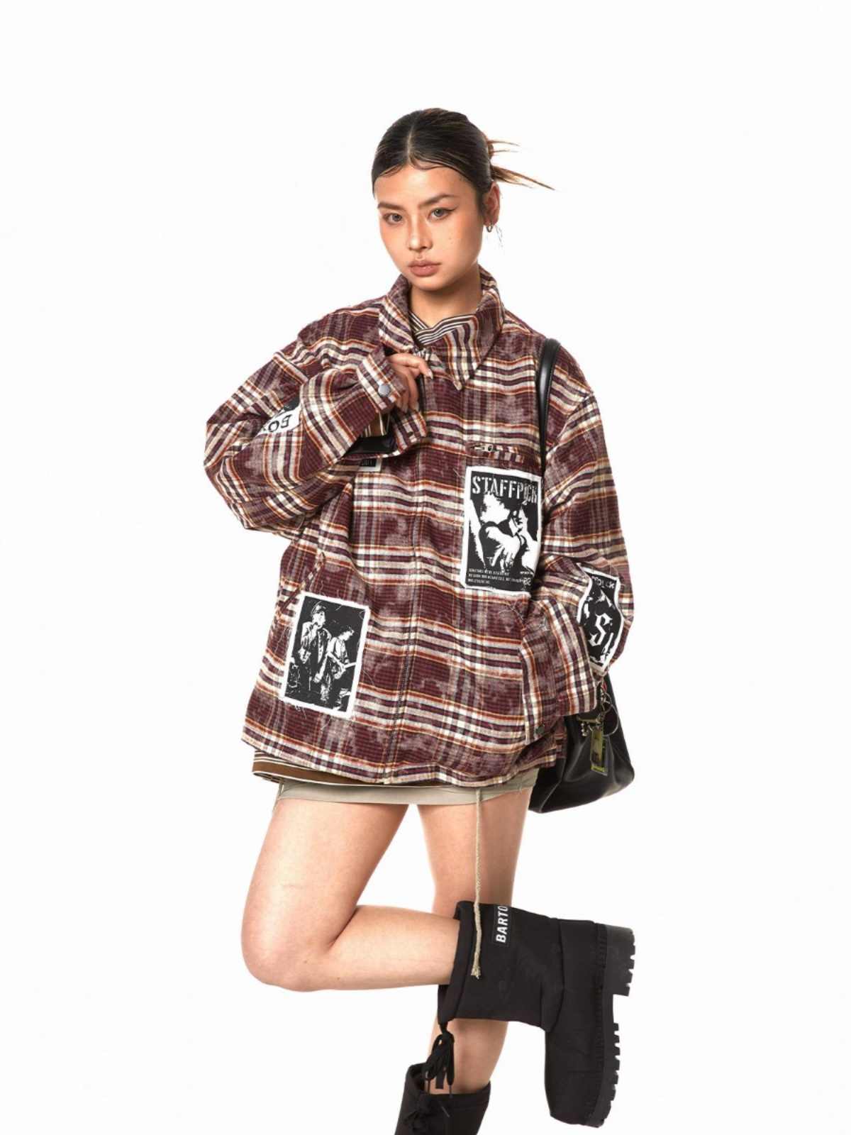 Retro Illustration Plaid Patch Jacket For Women Baggy Coat