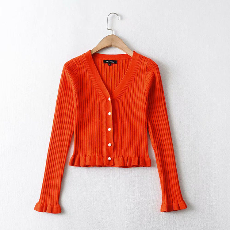 Retro V-neck Tree Fungus-like Lacework Slim Fit Slimming And Short Long Sleeve Base Knitting Cardigan Top
