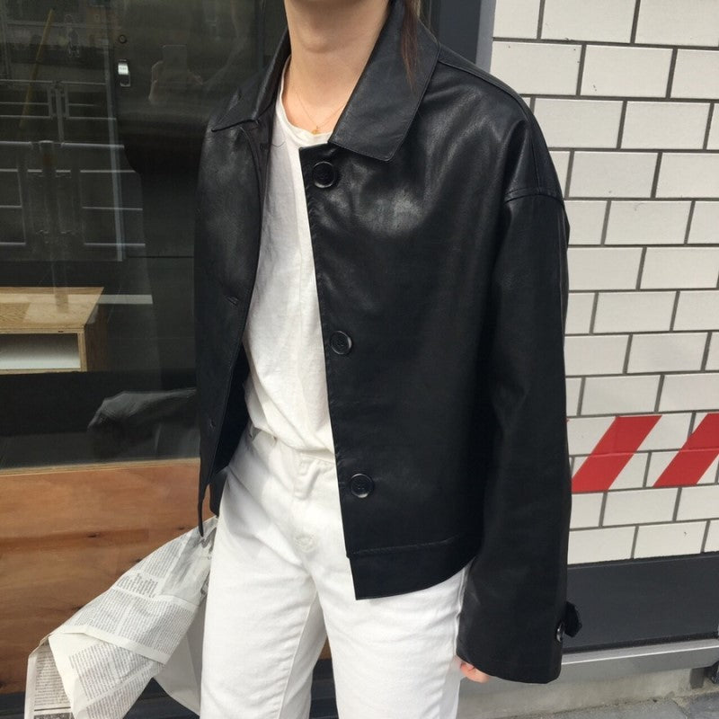 Handsome Retro Simple Casual Loose All-match Solid Color Matte Leather Jacket
