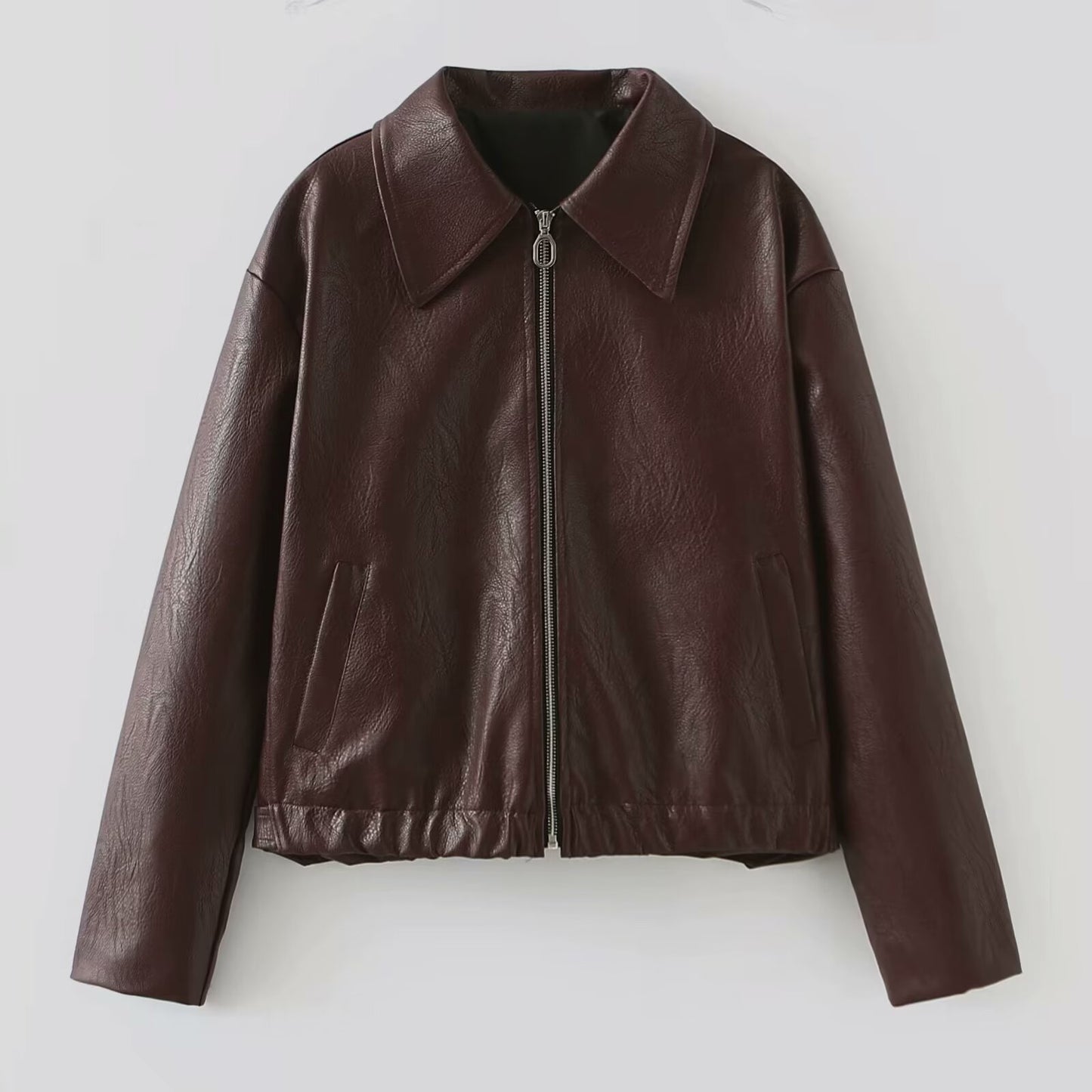 Solid Color Square Collar Leather Jacket Coat