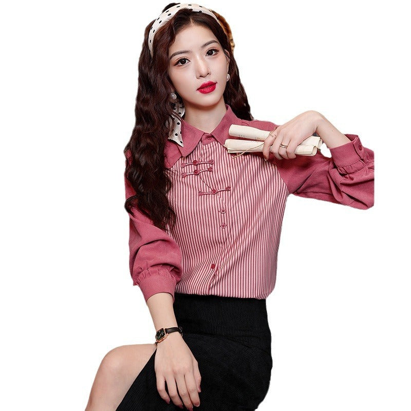Women's Retro Fake Two-piece Long-sleeved Shirt