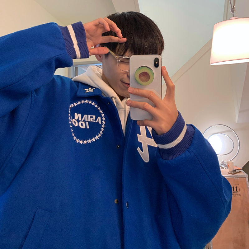 Klein Blue Baseball Uniform American Retro Design Small Lapel Embroidered Jacket