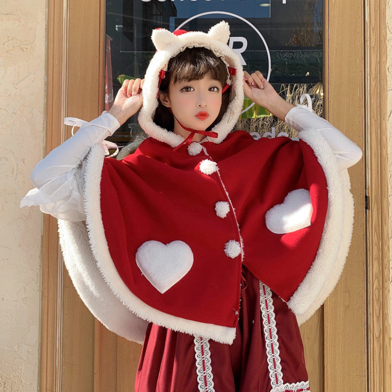 Plus Size New Winter Christmas Japanese Style Hooded Small Shawl Woolen Coat