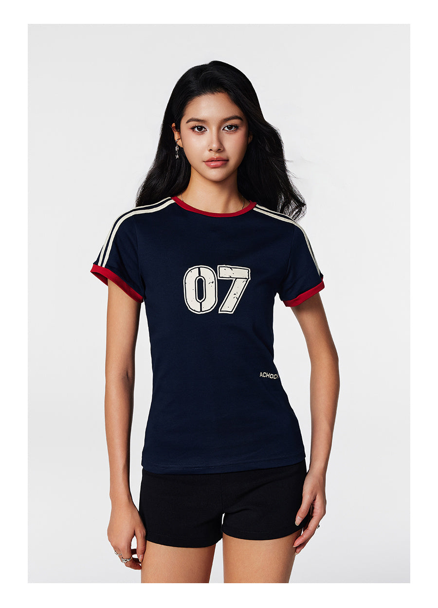 Retro Women's Contrast Color Striped Stitching Short Sleeve