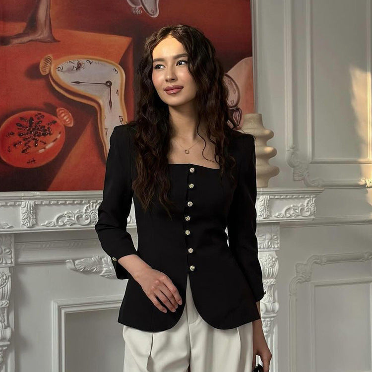 Square Collar Slimming Black Coat