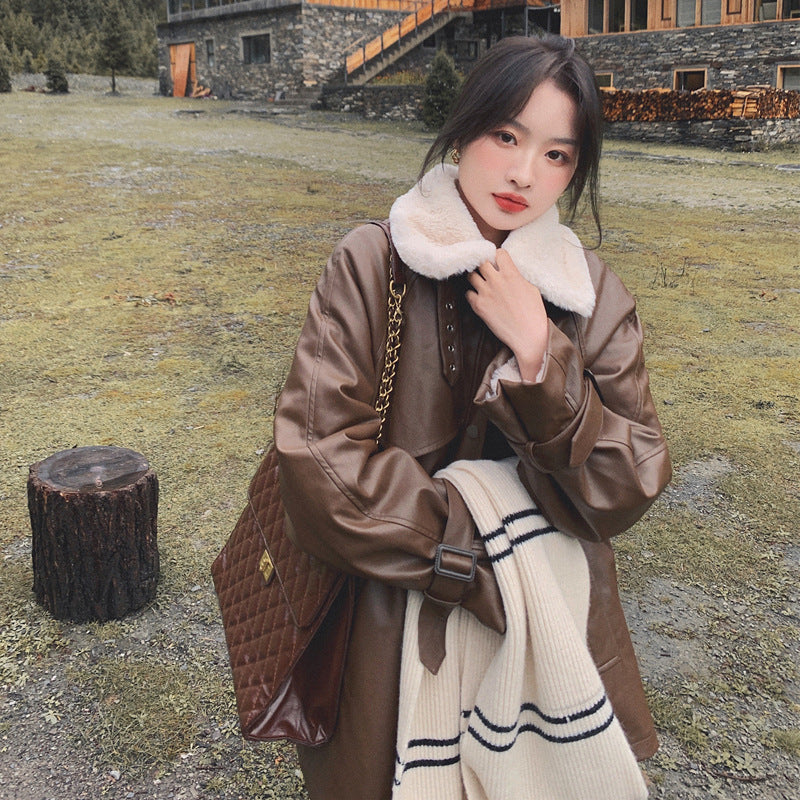 Women's New Leather Motorcycle Jacket Lamb Wool Coat