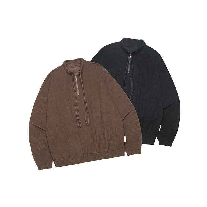 Stand Collar Zipper Drawstring Design Loose Couple Retro Autumn Winter Sweater