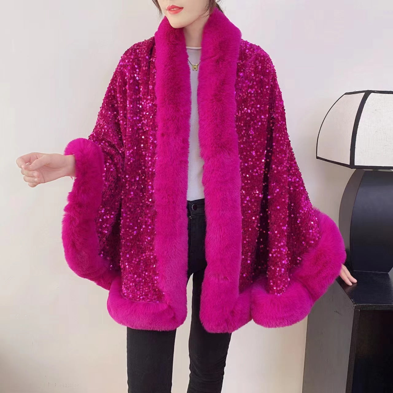 Sequined Fur Collar Knitted Inverness Women