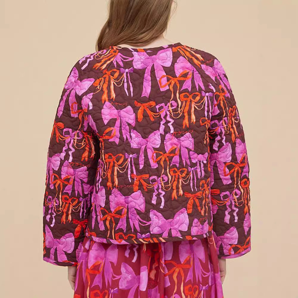 Round Neck Bowknot Printed Double-sided Lace-up Jacket