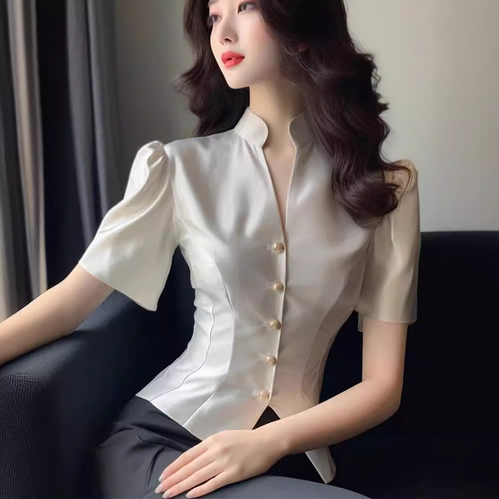Satin Shirt Women's Tight Waist V-neck High-end Temperament Top